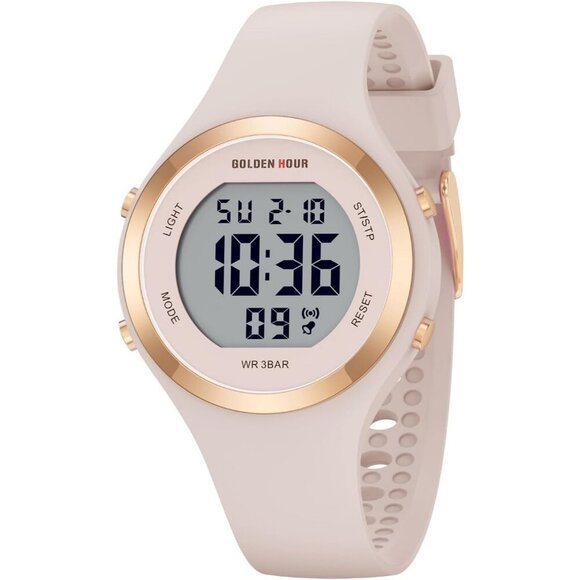 Women\'s Pink Sand Silicone Digital Gold Bezel Water-Resistant Alarm Stop Watch main image 5